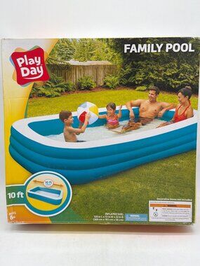 Play Day Family Pool 10 Ft Rectangular Inflatable 120" L X 72" W X 22" D For Age